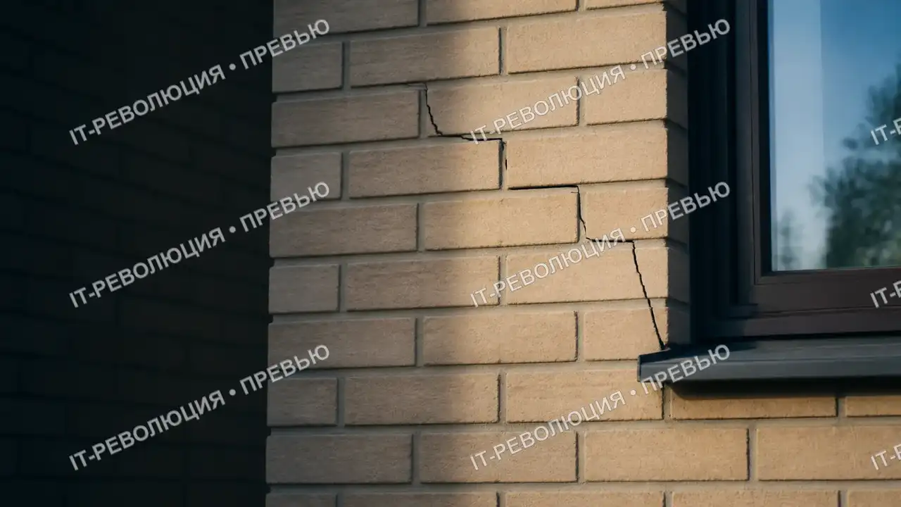 Трещины в кирпичной стене частного дома возле окна